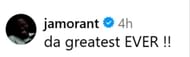 Ja Morant commented on A'ja Wilson's post. (Photo: @aja22wilson on IG)